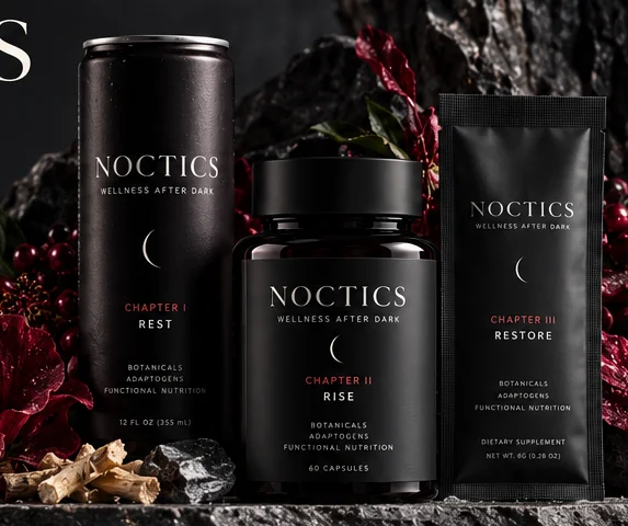 NOCTICS Rest, Rise and Restore bottles on dark stone with crimson botanicals
